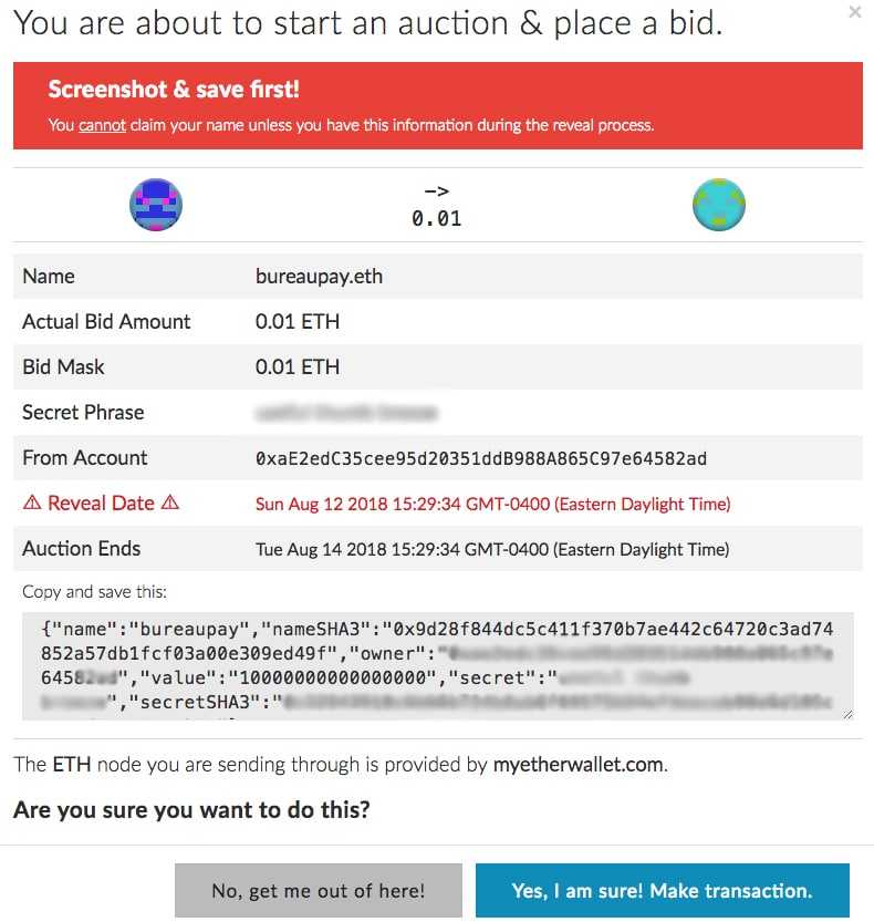 Confirmation bid for .ETH domain name