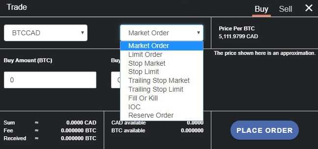 Advanced order form at Bitvo