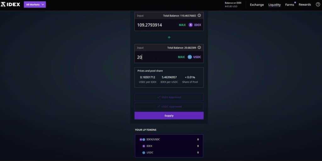 IDEX adding liquidity