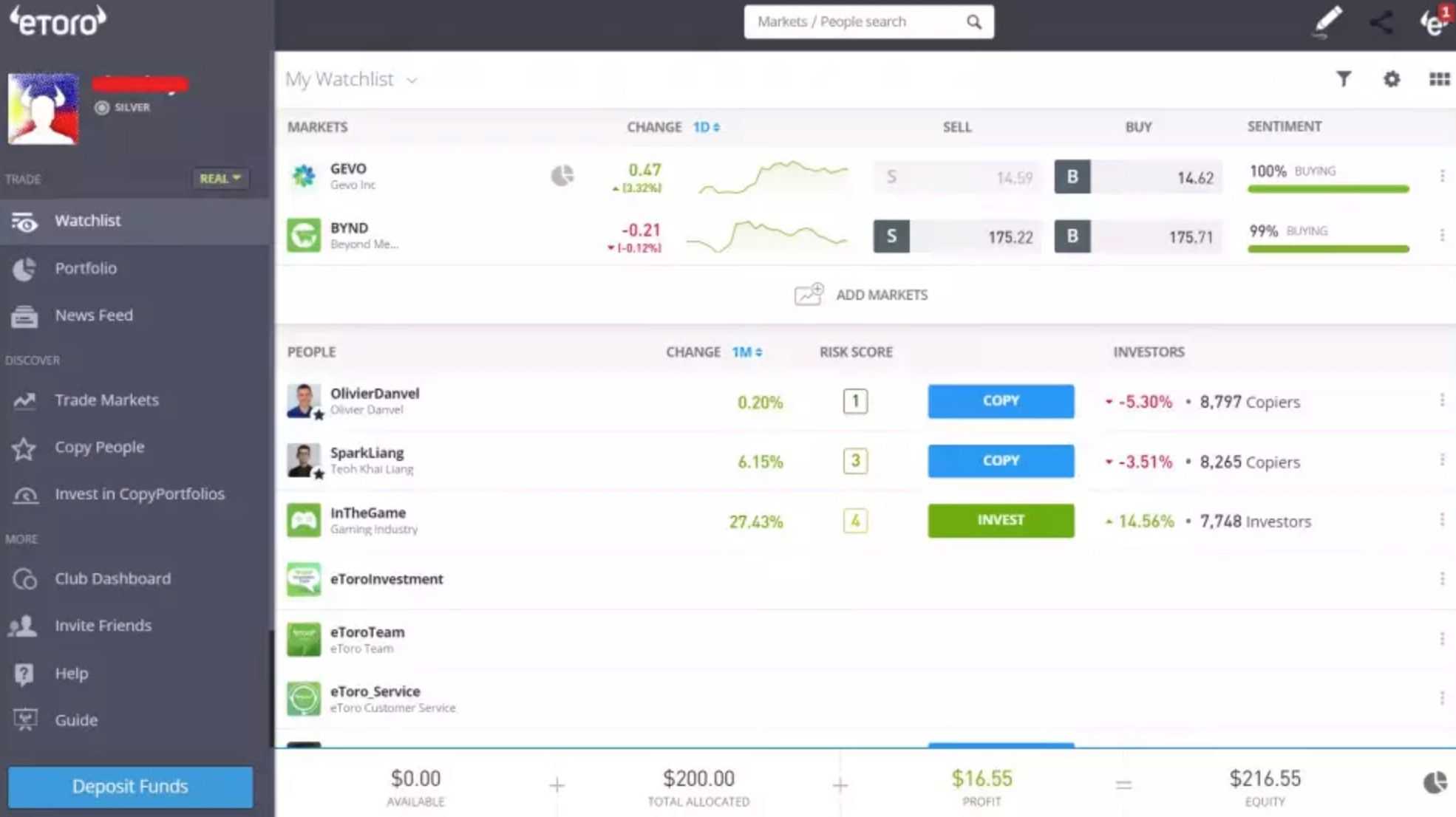 eToro interface